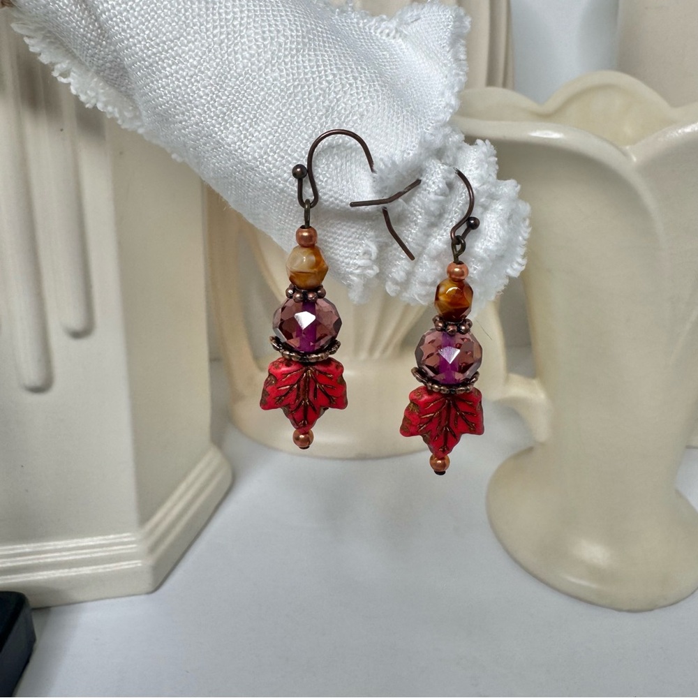 Hand Crafted Passion Leaves Dangle Earrings Crimson & Copper 2” Czech Glass NWT - Picture 12 of 13